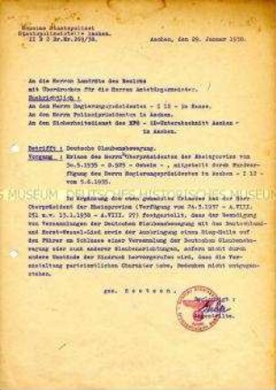 Innerbehördliches Schreiben der Gestapo Aachen zu Versammlungen der Deutschen Glaubensbewegung