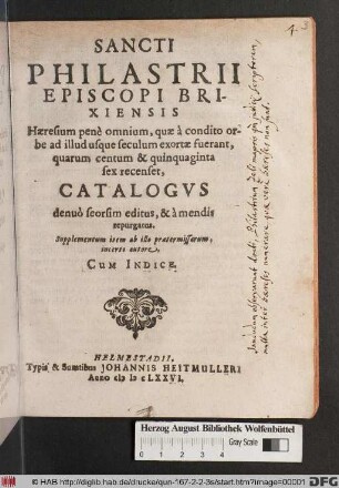 Sancti Philastrii Episcopi Brixiensis Haeresium pene omnium, quae a condito orbe ad illud usque seculum exortae fuerant, quarum centum & quinquaginta sex recenset, Catalogus : denuo seorsim editus, & a mendis repurgatus. Supplementum item ab illo praetermissarum, incerto autore ...