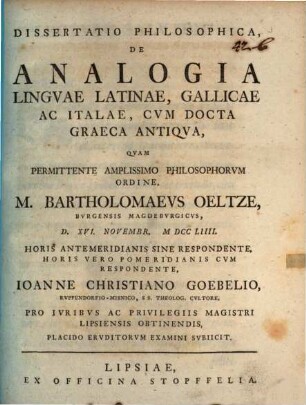 Diss. philos. de analogia linguae Latinae, Gallicae ac Italae cum docta Graeca antiqua