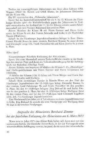 Ansprache des Abiturienten Bernhard Zimmer bei der feierlichen Entlassung der Abiturienten am 6. März 1971