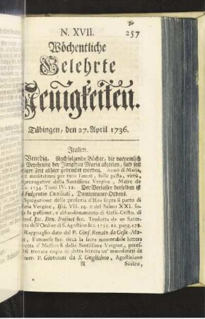 N. XVII. Tübingen, den 27. April 1736