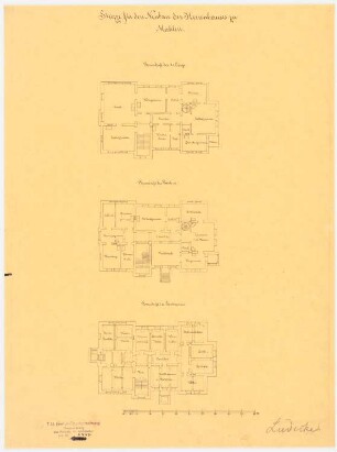 Herrenhaus, Mahlen: Grundriss Souterrain, Erdgeschoss, 1. Obergeschoss (ohne Erkerturm), Maßstabsleiste