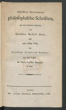 Christian Hornemanns Philosophische Schriften