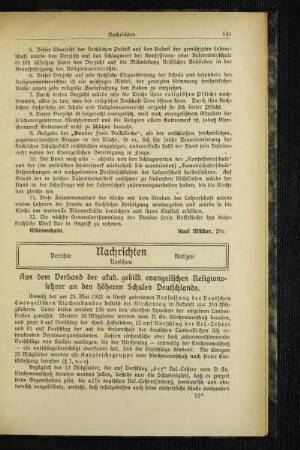 Aus dem Verband der akad. gebild. evangelischen Religionslehrer an den höheren Schulen Deutschlands