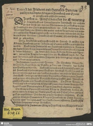 Extract der Friedens- und Heyrahts-Puncten, so zwischen den beyden Königen in Franckreich und Spanien getroffen und geschlossen worden