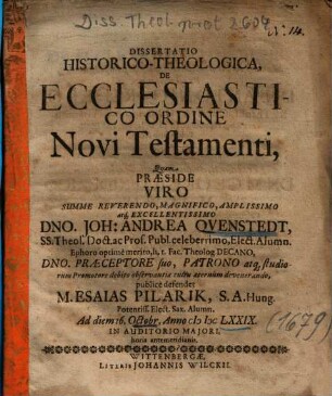 Dissertatio Historico-Theologica, De Ecclesiastico Ordine Novi Testamenti