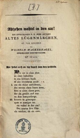 Achtzehen wahtel in den sac! : ein zweckloses d.h. sehr artiges altes Lügenmärchen