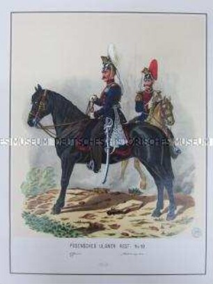 Uniformdarstellung, Offizier und Stabstrompeter des Posenschen Ulanen-Regiments No. 10 zu Pferd, Preußen, 1864. Tafel 80 aus: Schindler: Militair-Album.