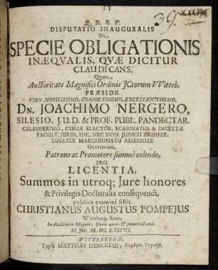 Disputatio Inauguralis De Specie Obligationis Inaequalis, Quae Dicitur Claudicans