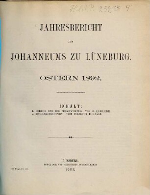 Jahresbericht des Johanneums zu Lüneburg : Ostern .... 1891/92