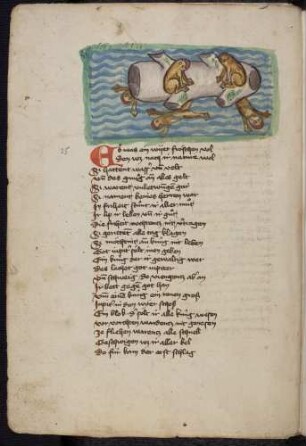 Tümpel mit Fröschen und Baumstamm; (Von den Fröschen, die einen König wollten, Kapitel XXV nach Pfeiffer)