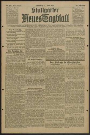 Zeitungsartikel Schalls "Die Bedeutung der Annahme des Ultimatums" über das "Kabinett der Unterwerfung" (Reichskanzler Dr. Wirth) und die Annahme des Londoner Ultimatums über die Reparationsschuld vom 5. Mai 1921 (Erschienen im "Stuttgarter Neuen Tagblatt" vom 11.5.1921, Abendausgabe)