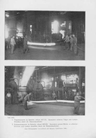 Tafel XXIII. 1. Trägerwalzwerk im Betriebe, erbaut 1871/72. 2. Schienenwalzwerk im Betriebe, erbaut 1891/92.
