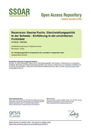 Rezension: Gesine Fuchs: Gleichstellungspolitik in der Schweiz - Einführung in ein umstrittenes Politikfeld