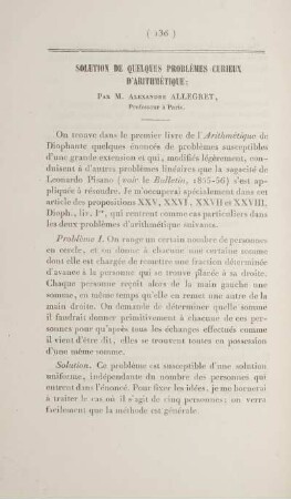 Solution de quelques problèmes curieux d'arithmétique.