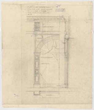 Thiersch, Friedrich von; Wiesbaden; Kurhaus - Spiegelarkade der Nordwand Lesezimmer Südwest (Teilgrundriss, Teilansicht, Schnitt)