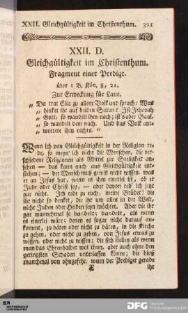 XXII D. Gleichgültigkeit im Christenthum.