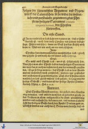 Die fürnembsten Argument und Gegenwürff der Calvinischen