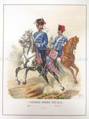 Uniformdarstellung, Offizier und Trompeter des 1. Hessischen Husaren-Regiments No. 13 zu Pferd, Preußen, 1866. Tafel 94 aus: Schindler: Suplement zum Militair-Album.