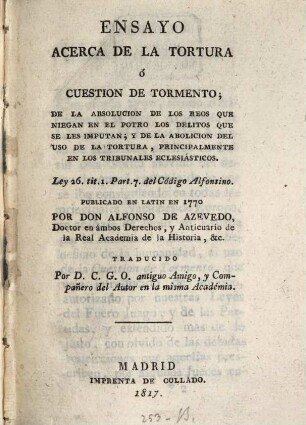 Ensayo acerca de la tortura o cuestion de tormento