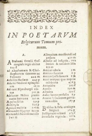 Index In Poetarum Belgicorum Tomum primum.