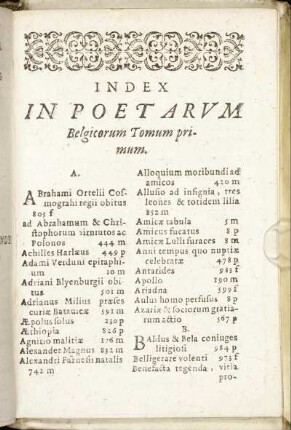 Index In Poetarum Belgicorum Tomum primum.