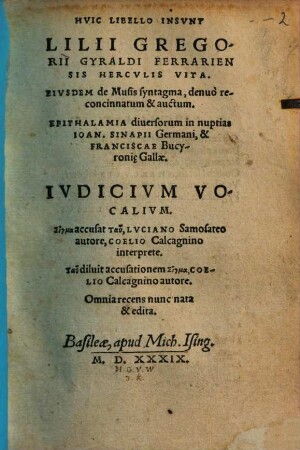 Huic Libello Insunt Lilii Gregorii Gyraldi Ferrariensis Herculis Vita