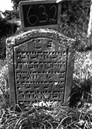 Grabstein 632 (Index: 100104984) Material: Sandstein Zustand: gut erhalten, unten verwittert, etwas eingesunken Maße HxBxT: 67x47x8 cm Beschreibung: Stele, Konvexbogenabschluss, Schriftfeld eingetieft: Grabstein 632