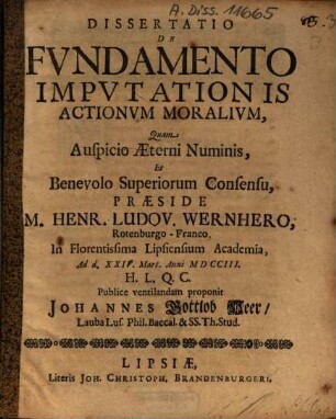 Dissertatio De Fundamento Imputationis Actionum Moralium