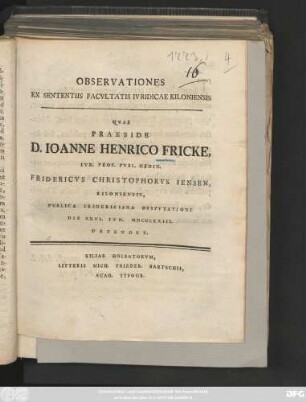 Observationes Ex Sententiis Facvltatis Ivridicae Kiloniensis