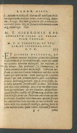 M. T. Ciceronis Epistolarum Liber Ad Terentiam Uxorem.