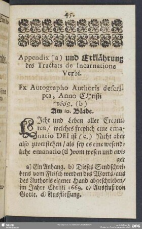 Appendix (a) und Erklährung des Tractats de Incarnatione Verbi