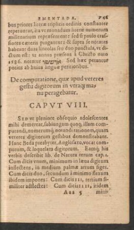 De computatione, quae apud veteres gestu digitorum in utraque manu peragebatur. Caput VIII.