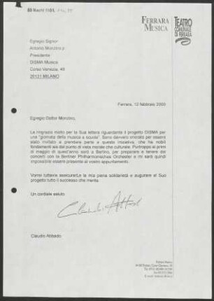 Brief an Antonio Monzino jr. an Distribuzione industria strumenti musicali e artigianato, 12.02.2000
