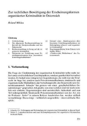 231-239, Zur rechtlichen Bewältigung der Erscheinungsformen der organisierten Kriminalität in Österreich