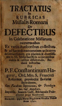 Tractatus In Rubricas Missalis Romani De Defectibus In Celebratione Misssarum occurrentibus