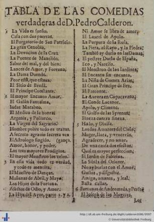 Tabla de las comedias verdaderas de Don Pedro Calderon.