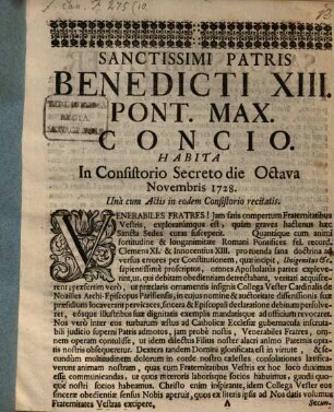Pontificis Maximi Concio habita in Consistorio secreto die octava Novembris 1728