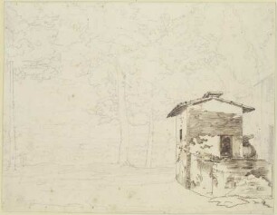 Brunnenhaus auf dem Monte Mario mit zwei Figuren und Blick auf Rom