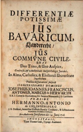 Differentiæ Potissimæ Inter Jus Bavaricum, Landtrecht, Et Jus Commvne Civile