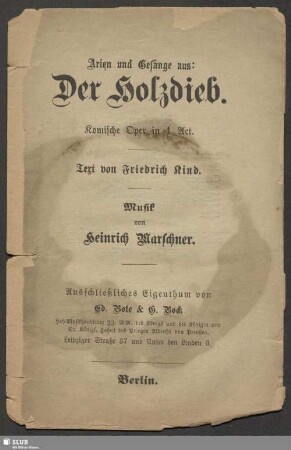 Arien und Gesänge aus Der Holzdieb : komische Oper in 1 Act
