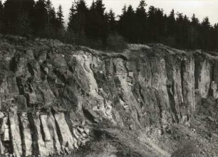 Westerzgebirge. Pöhlberg östlich Annaberg. Basaltdecke, säulig erstarrt über oligozänen Flußsanden. Reliefumkehr