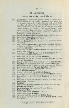 III. Auctionstag. Freitag, den 14. Mai, von 10 Uhr ab