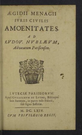 Aegidii Menagii Ivris Civilis Amoenitates