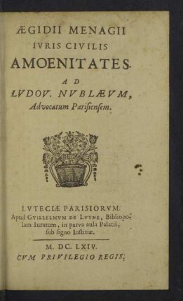 Aegidii Menagii Ivris Civilis Amoenitates