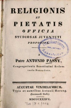 Religionis Et Pietatis Officia Studiosae Juventuti Proposita
