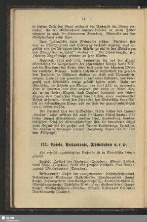 III. Hotels, Restaurants, Weinstuben u.s.w.