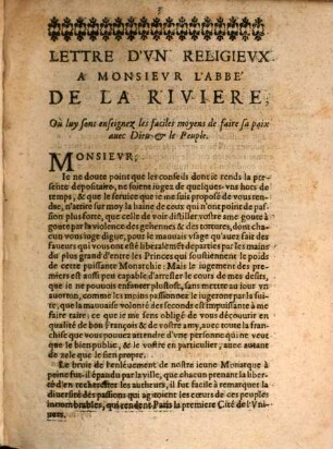 Lettre d'un Réligieux à M. l'Abbé de la Rivière