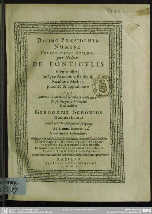 Divino Praesidente Numine theses hasce chirurgico-medicas de fonticulis