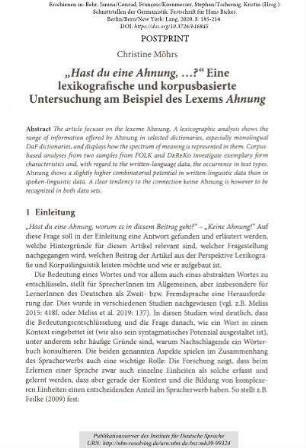 „Hast du eine Ahnung, ...?“ Eine lexikografische und korpusbasierte Untersuchung am Beispiel des Lexems Ahnung